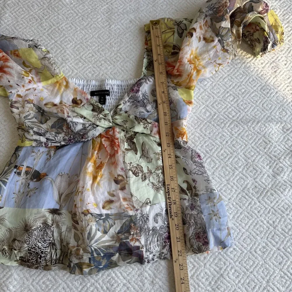 Banana Republic Womens M Multicolor Bird Floral Ramie Twist Front Blouse Top